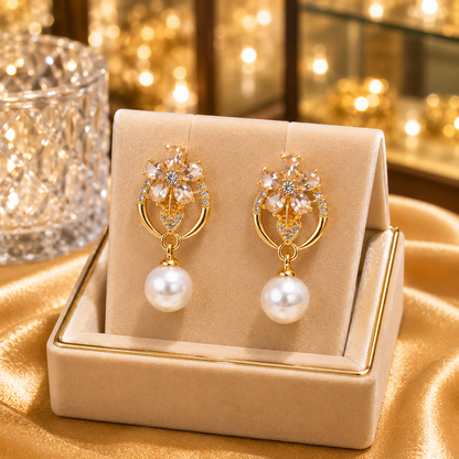 Gold Plated Floral Crystal Drop Earrings for Women