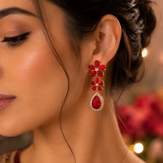 Gold Plated Floral Crystal Drop Earrings for Women