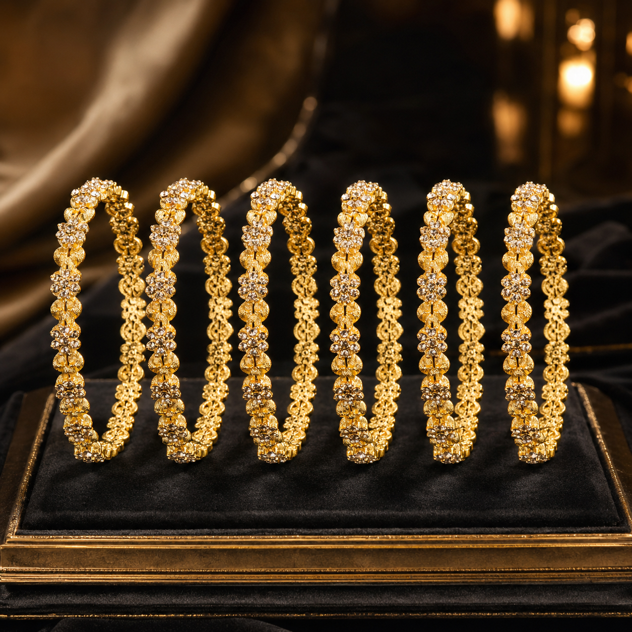 Five gold-toned bangles with intricate floral and textured patterns, some adorned with clear stones, displayed on a black velvet jewelry stand.