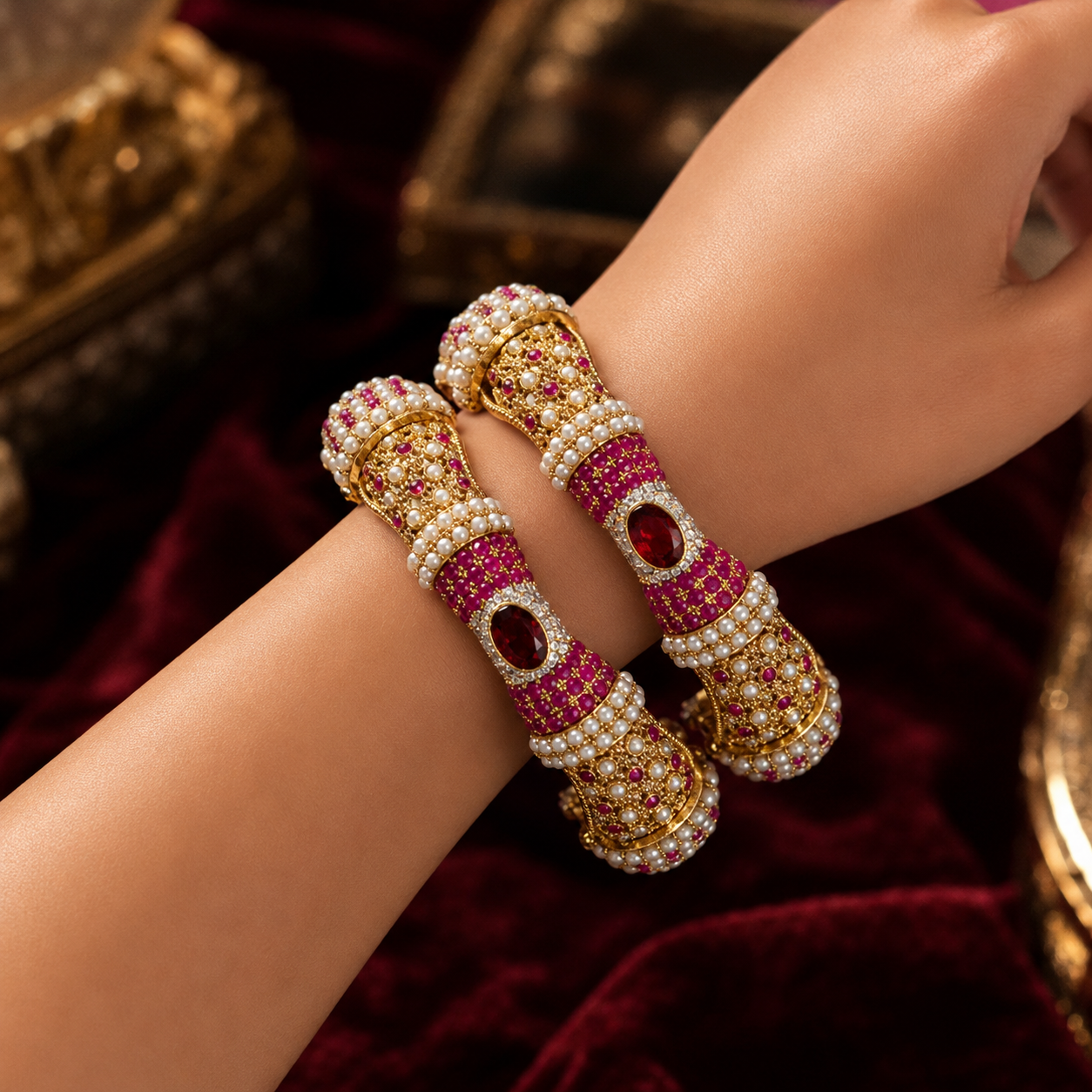 A pair of ornate gold-plated bangles decorated with rows of white pearls and vibrant pink stones, featuring central red gemstone accents, shown worn on a person's wrist against a dark red velvet background.