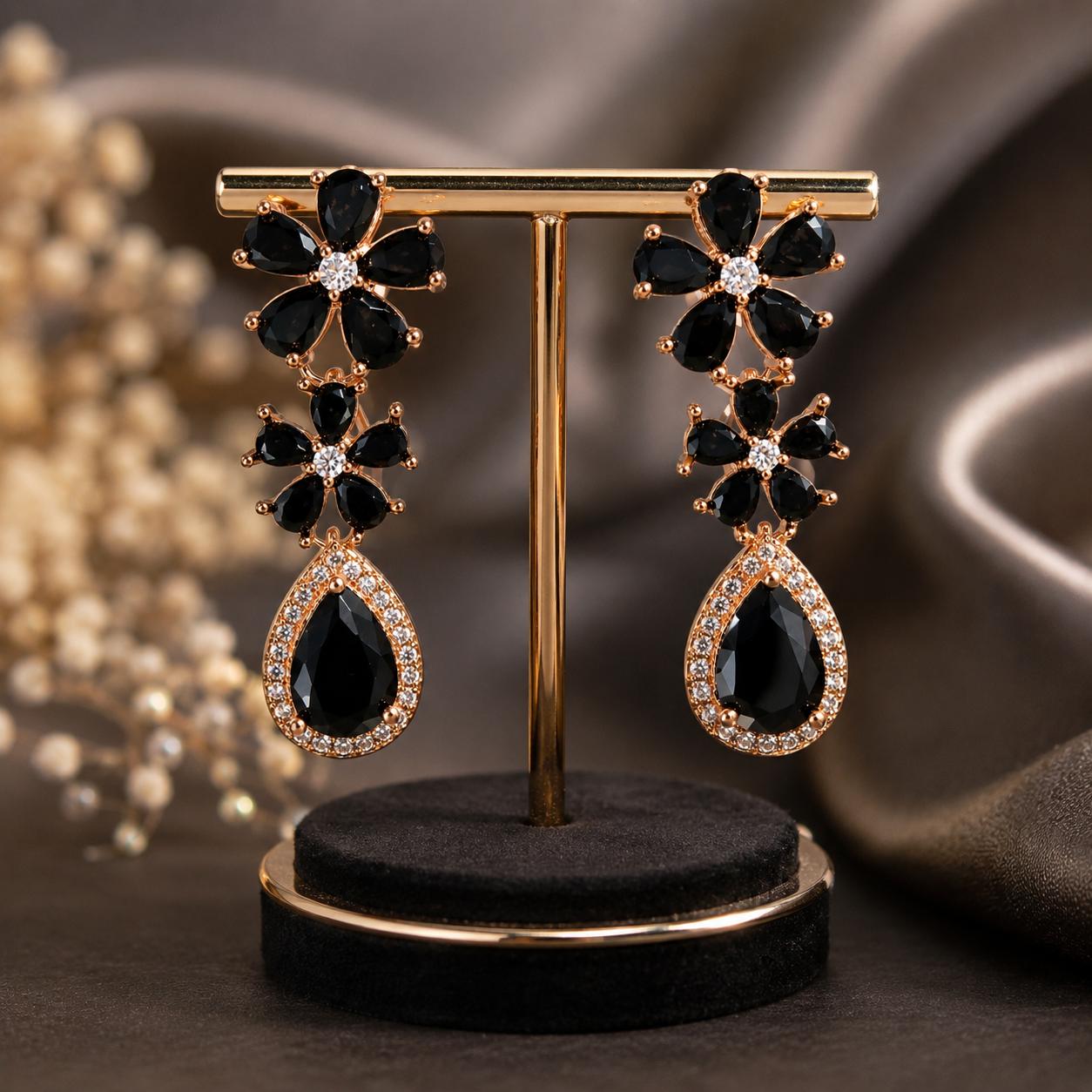 Gold Plated Floral Crystal Drop Earrings for Women