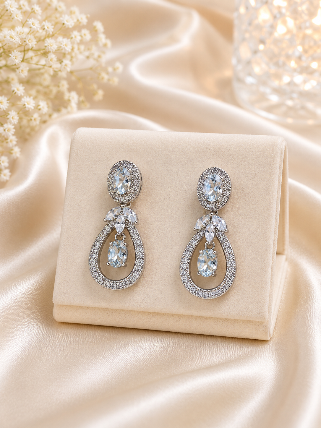 Silver Plated Floral Crystal Drop Earrings for Women