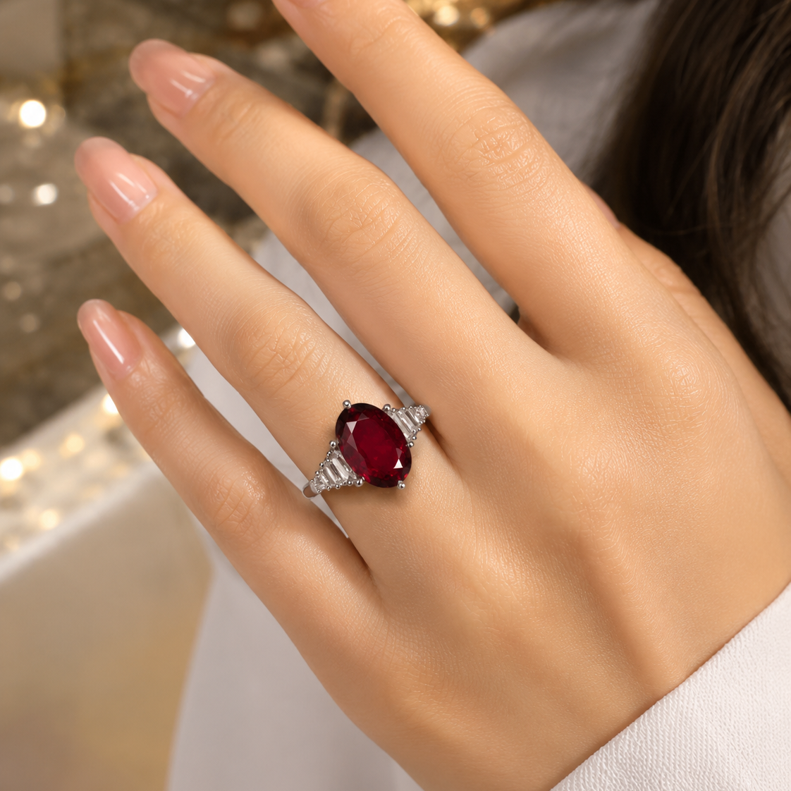 A close-up of a hand wearing a silver ring with a large oval deep red gemstone, set against a softly blurred background with warm bokeh lights.