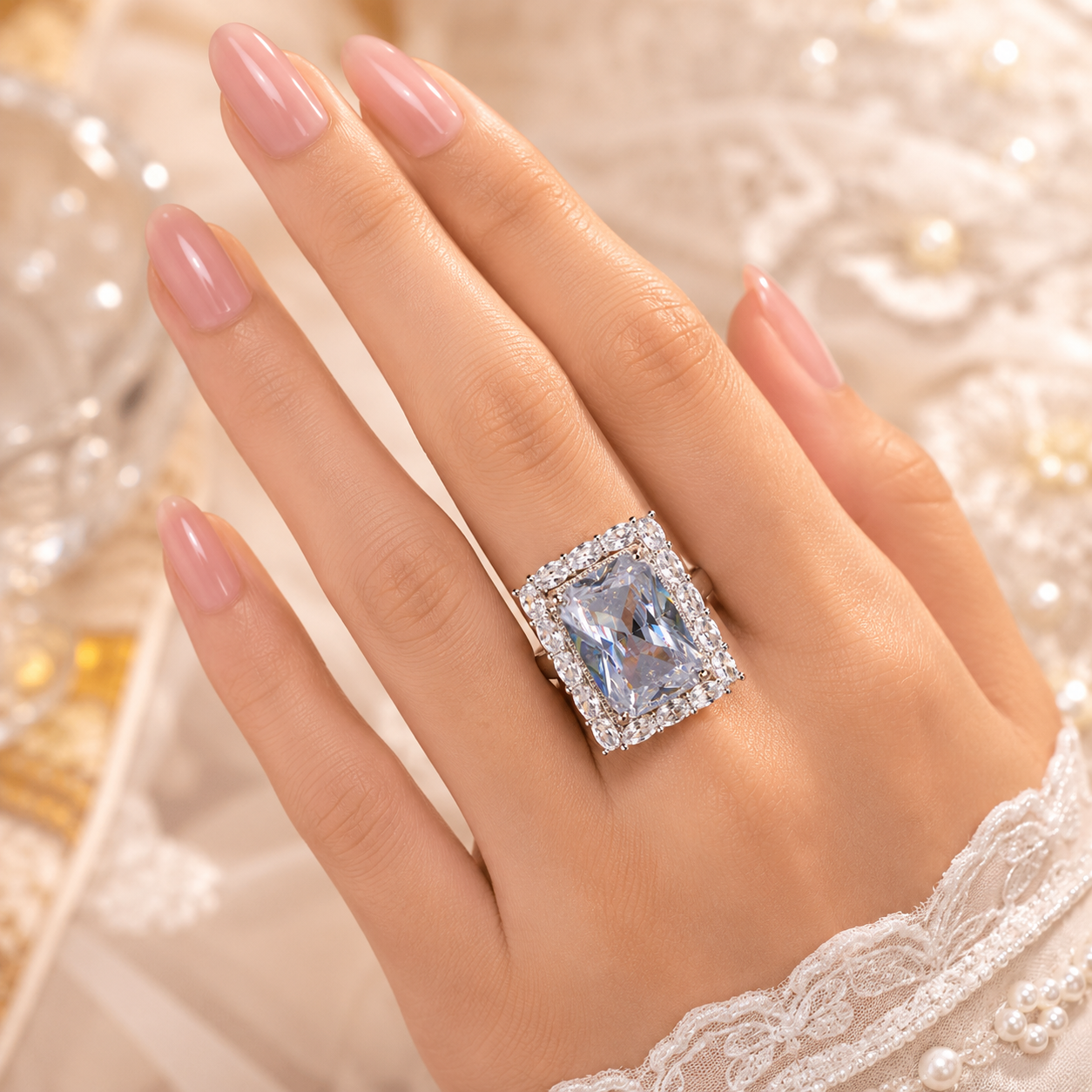 Luxury Silver Plated Adjustable Crystal Ring