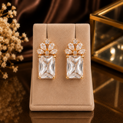 Floral Crystal Rectangle Stone Stud Earrings for Women | Gold Plated