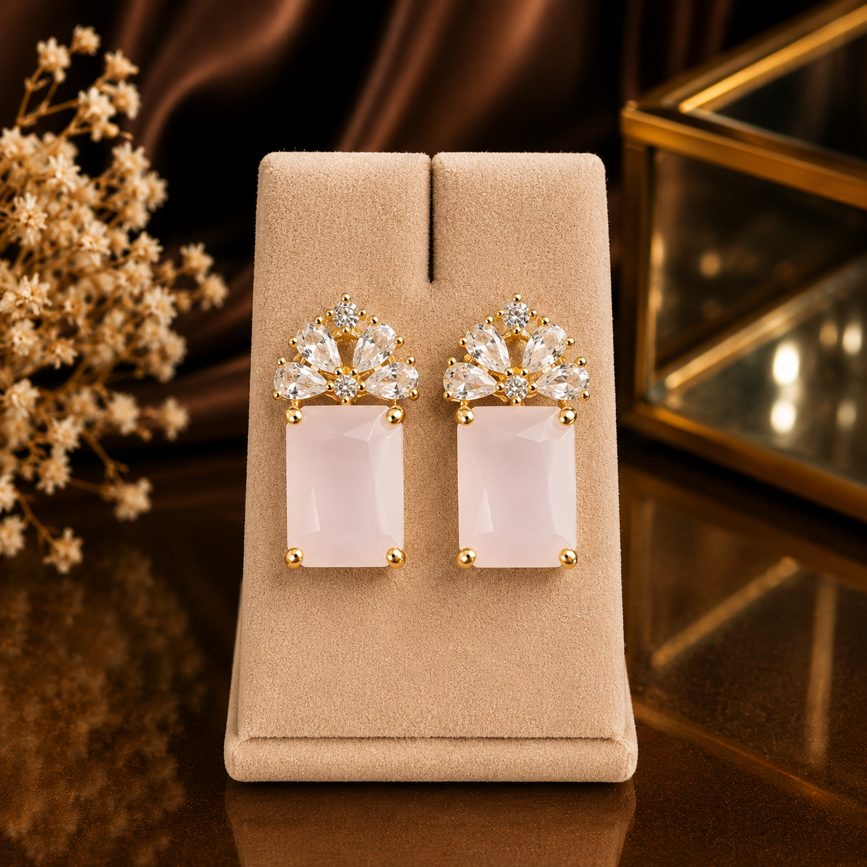 Floral Crystal Rectangle Stone Stud Earrings for Women | Gold Plated