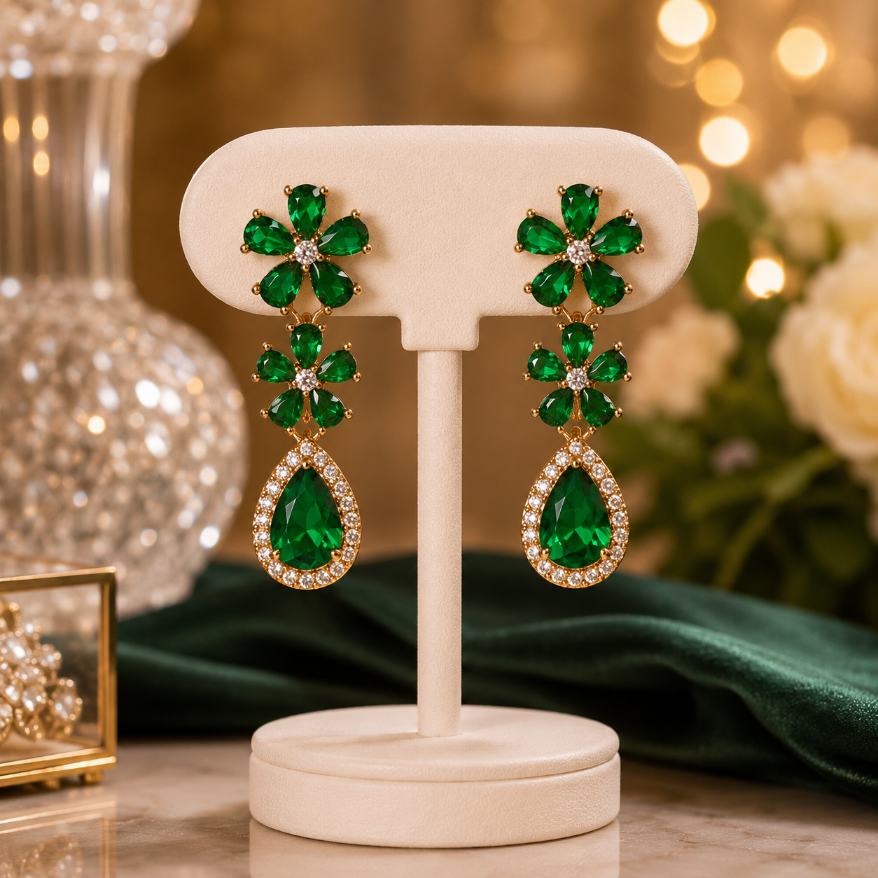 Gold Plated Floral Crystal Drop Earrings for Women