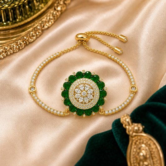 Emerald Green Floral Adjustable Gold-Plated Bracelet for Women