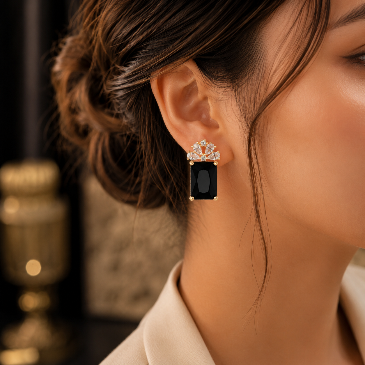 Floral Crystal Rectangle Stone Stud Earrings for Women | Gold Plated