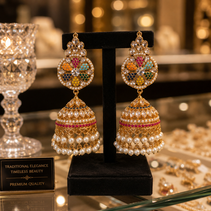 Luxury Multicolor Kundan Pearl Bridal Jhumka Earrings for Women