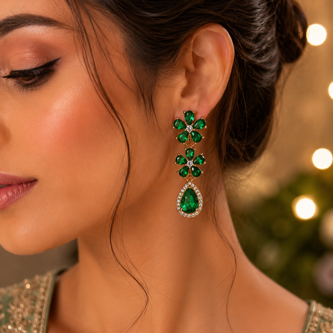 Gold Plated Floral Crystal Drop Earrings for Women