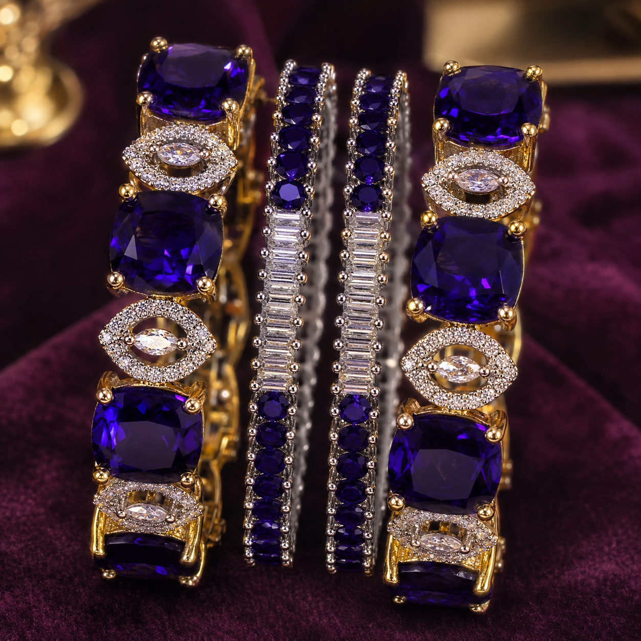 Three wide cuff bracelets displayed on a deep purple velvet surface. Two cuffs feature large deep blue oval stones with diamond-like eye motifs in gold-toned metal, and one central cuff features alternating deep blue and silver-toned rectangular stones.