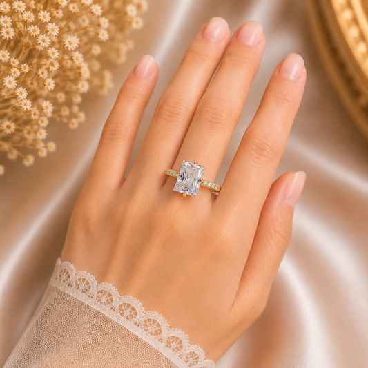 Elegant Gold Plated Adjustable Ring with Large White Crystal Stone