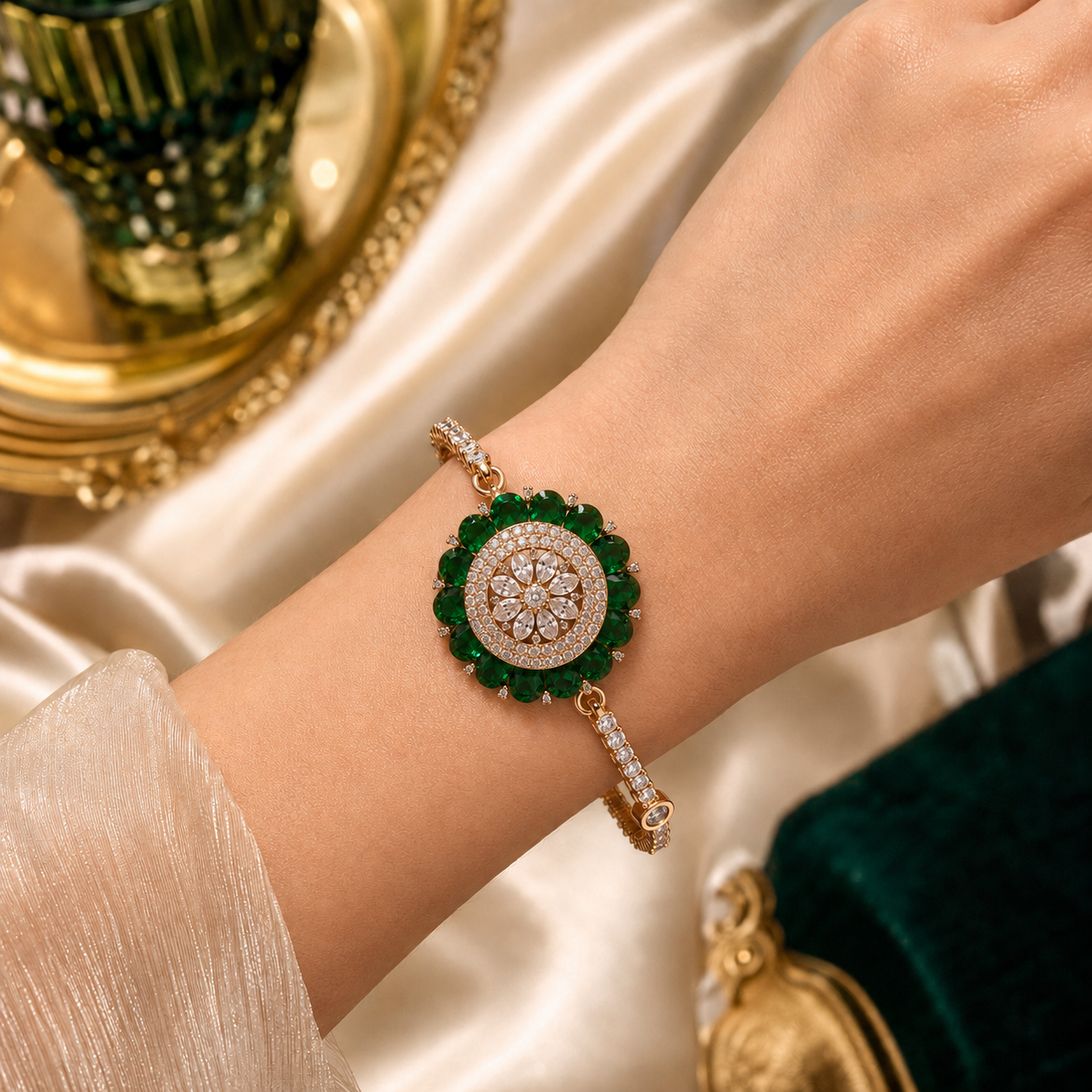 Emerald Green Floral Adjustable Gold-Plated Bracelet for Women