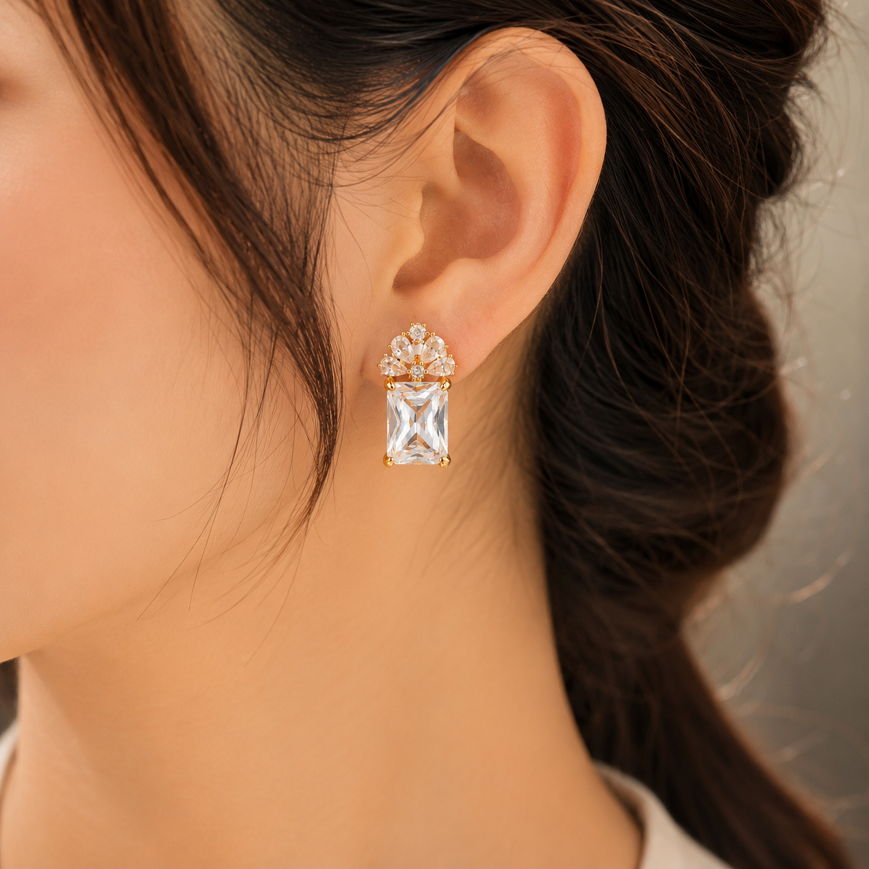 Floral Crystal Rectangle Stone Stud Earrings for Women | Gold Plated