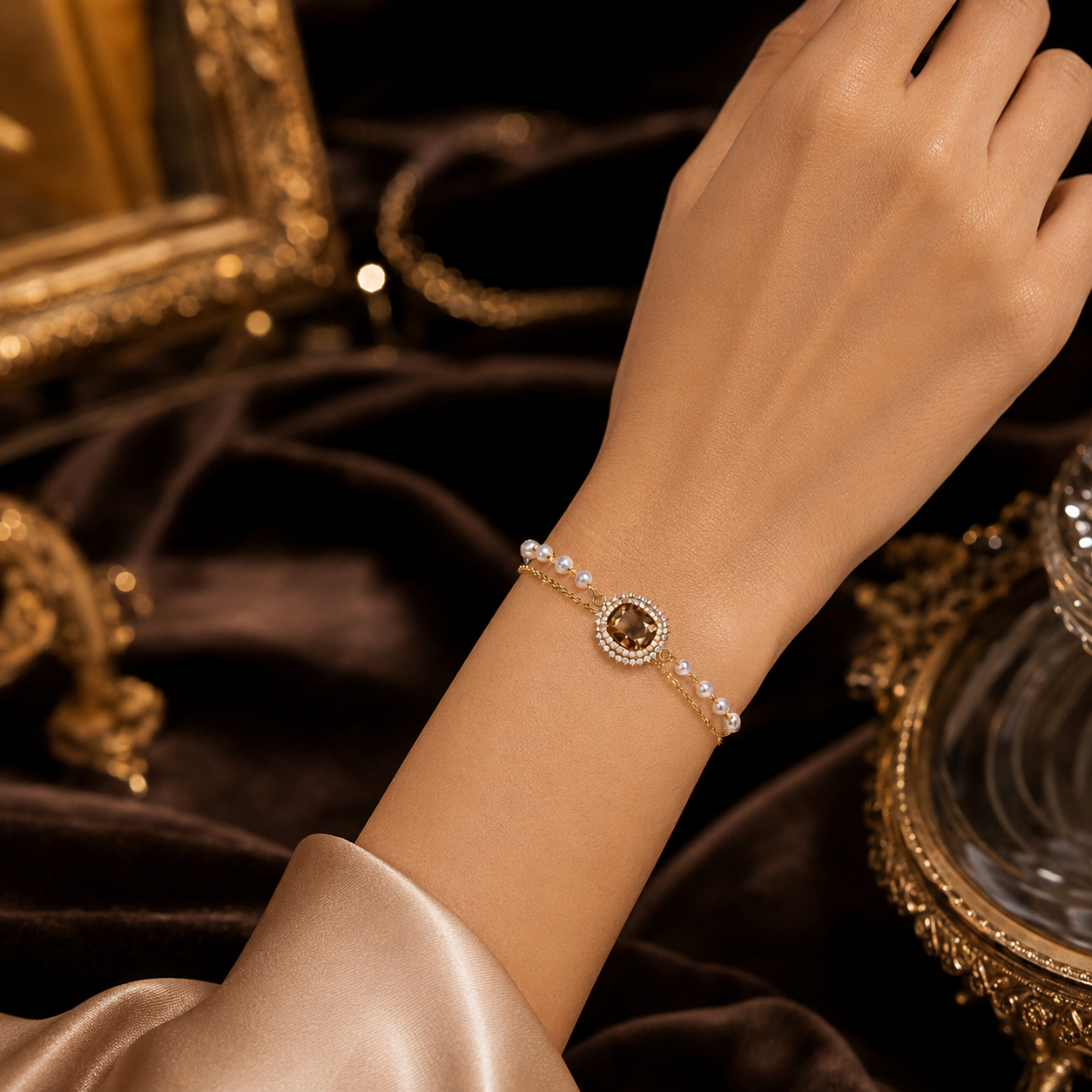 A delicate gold bracelet with a central brown oval stone and small clear stones, worn on a model's wrist against a dark velvet background with ornate gold decor.