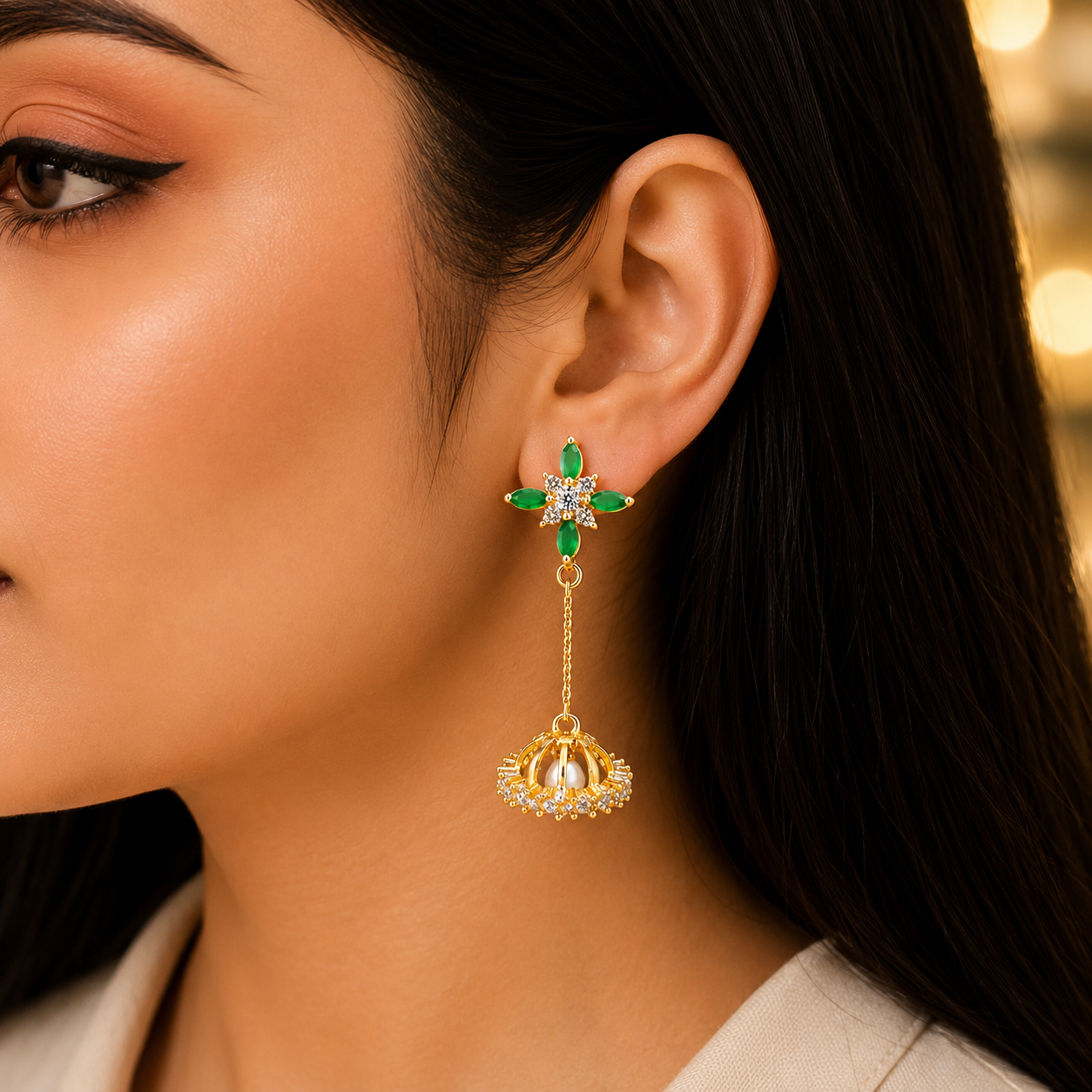 Gold Plated Floral Crystal Drop Earrings for Women
