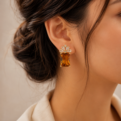 Floral Crystal Rectangle Stone Stud Earrings for Women | Gold Plated