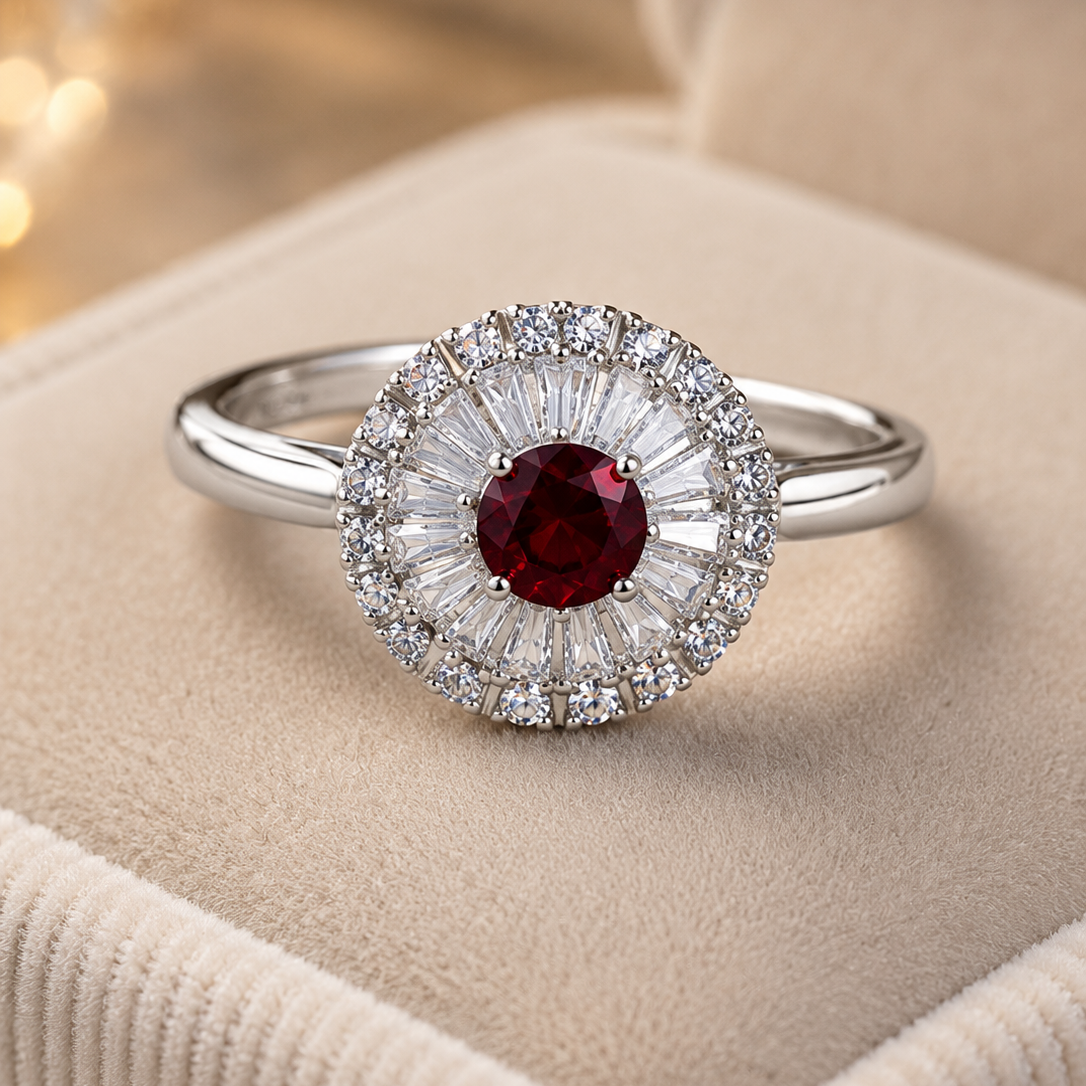 A silver ring featuring a round deep red center stone surrounded by a halo of baguette-cut and round clear stones, displayed on a beige velvet ring box.