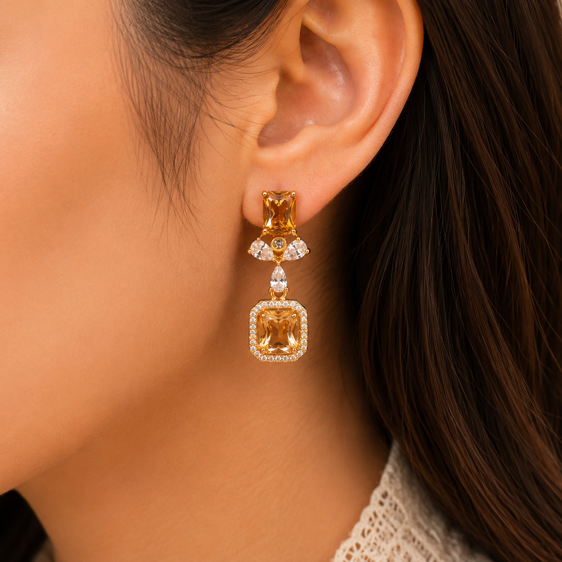 Gold Plated Floral Crystal Drop Earrings for Women
