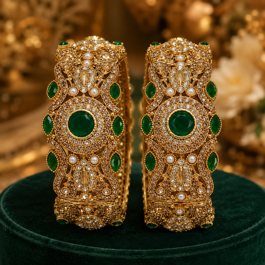Royal Emerald Green Bridal Bangles – Premium Gold Plated Pair