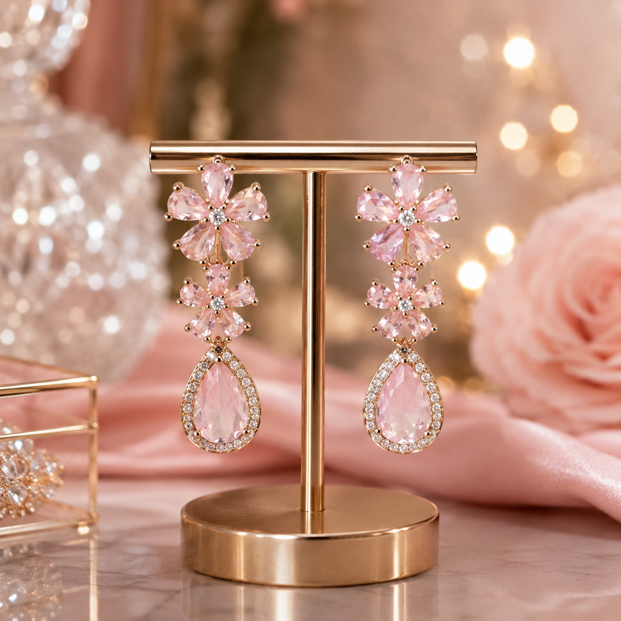 Gold Plated Floral Crystal Drop Earrings for Women
