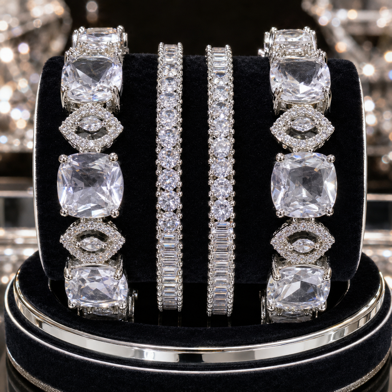 Four silver-toned diamond-like jewelry pieces displayed on a black velvet ring stand: two wide bands with large cushion-cut clear stones and two slim bands with pavé-set clear stones, photographed against a sparkling reflective background.