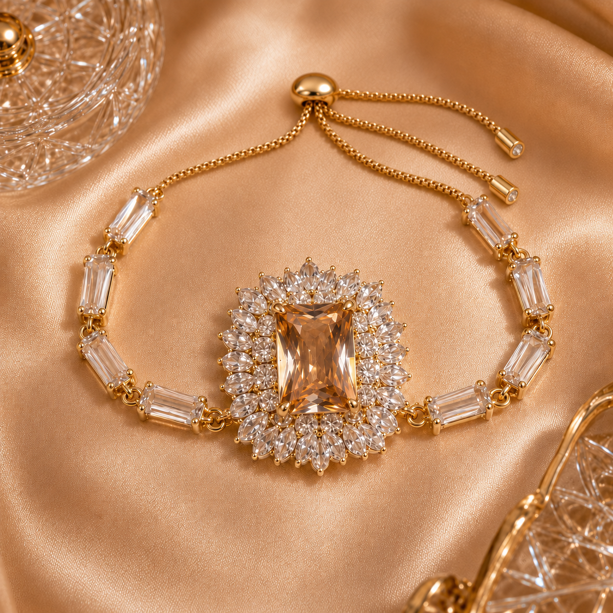 A gold-tone choker necklace with a large rectangular peach crystal centerpiece, surrounded by a halo of clear crystals, and connected by a chain with baguette clear crystals, displayed on a champagne satin fabric.