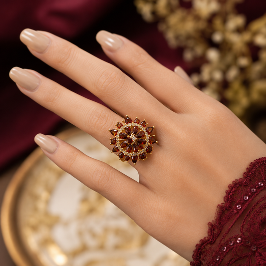 Gold Plated Adjustable Floral Crystal Ring for Women