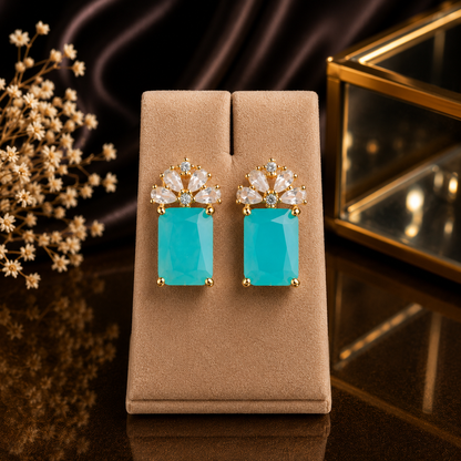 Floral Crystal Rectangle Stone Stud Earrings for Women | Gold Plated