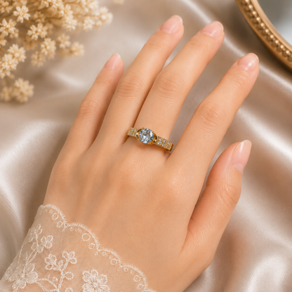 Elegant Gold Plated Adjustable Ring with Sparkling Round-Cut Stone
