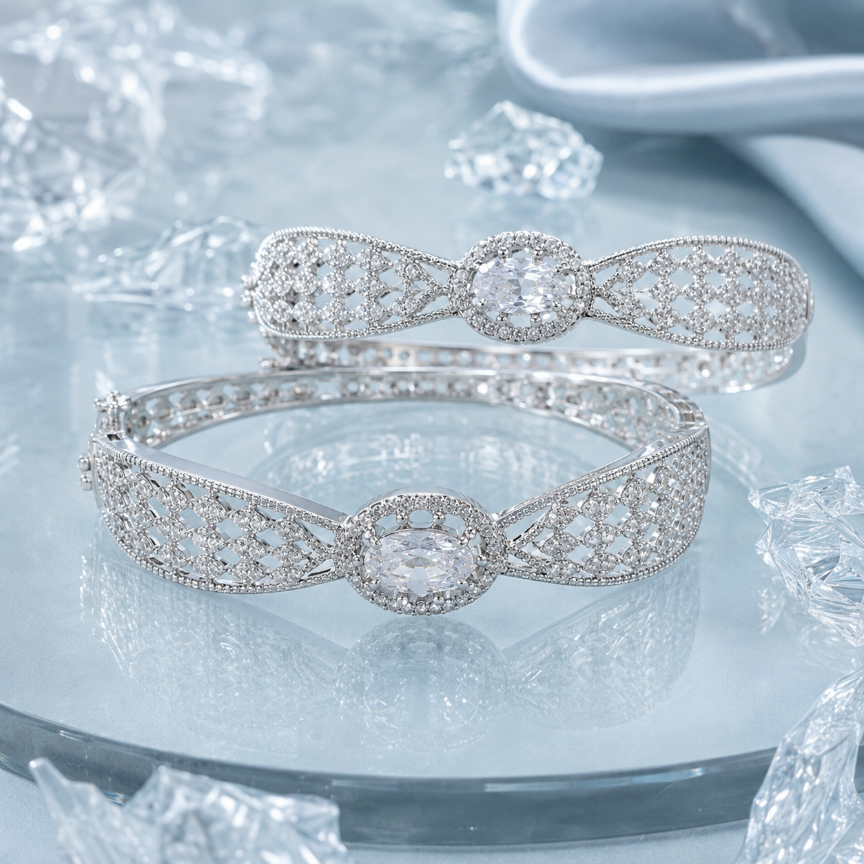 Premium 1 Carat Silver Crystal Bridal Bangles – Oval Stone Pair