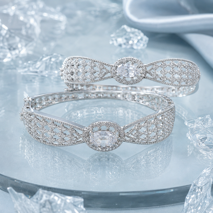 Premium 1 Carat Silver Crystal Bridal Bangles – Oval Stone Pair