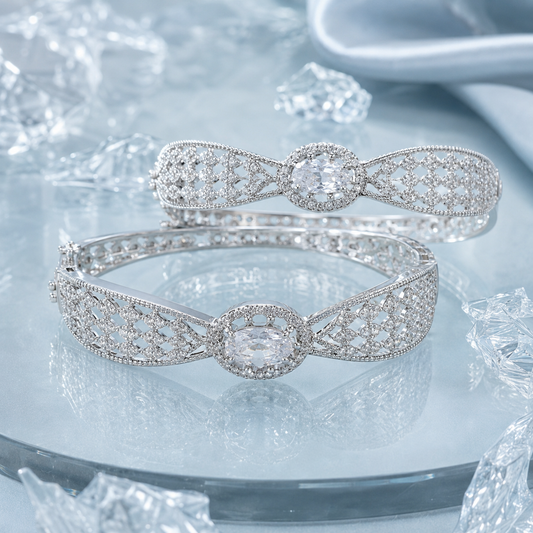 Premium 1 Carat Silver Crystal Bridal Bangles – Oval Stone Pair