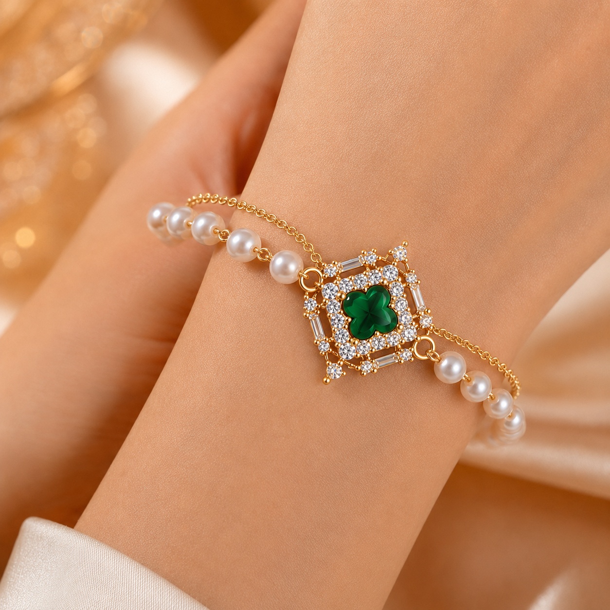 A gold-plated bracelet with a central square charm featuring a green four-leaf clover and surrounded by small clear crystals, accented by a chain of white pearls, shown on a model's wrist.