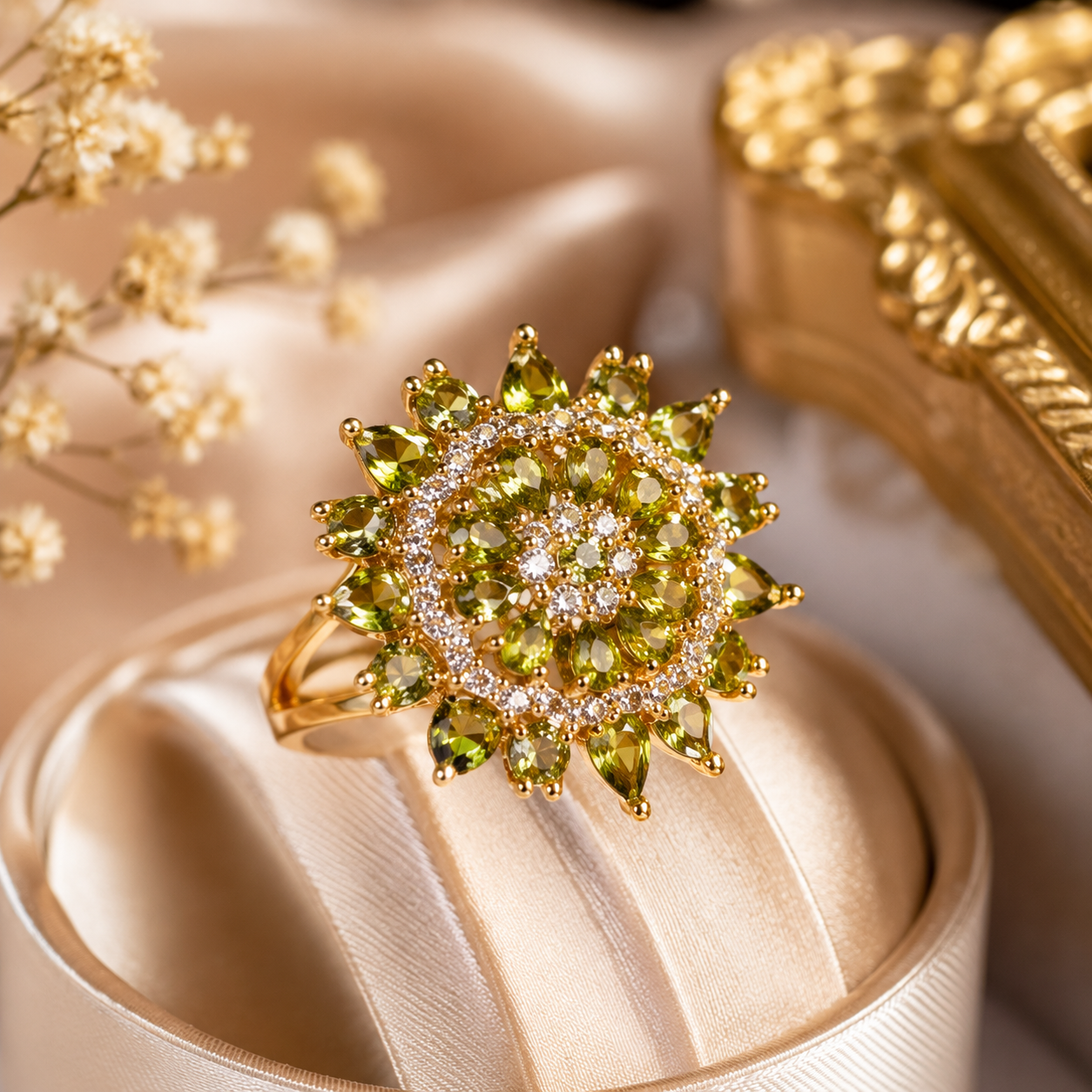 Gold Plated Adjustable Floral Crystal Ring for Women