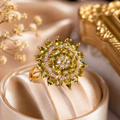 Gold Plated Adjustable Floral Crystal Ring for Women