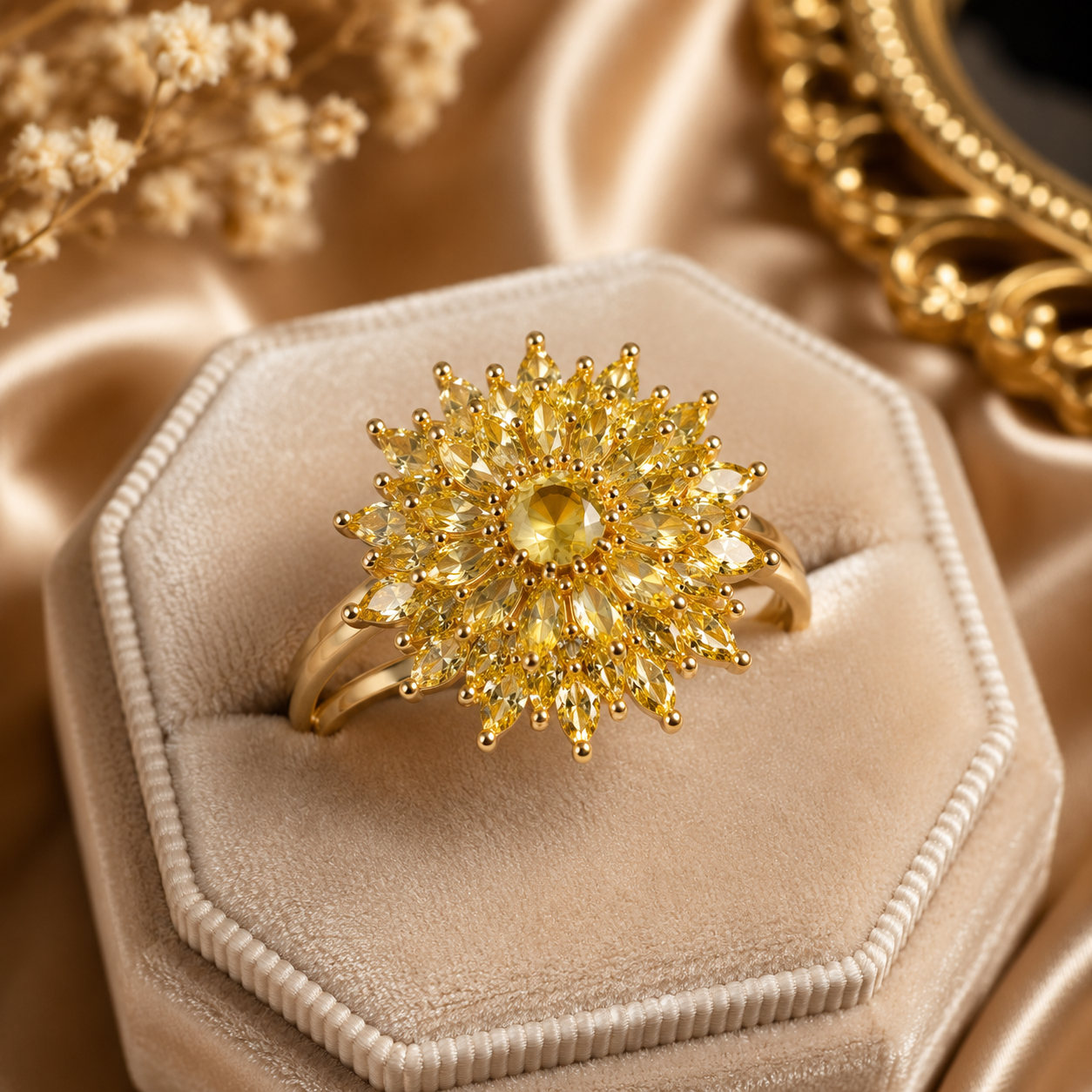 Gold Plated Adjustable Floral Crystal Ring for Women