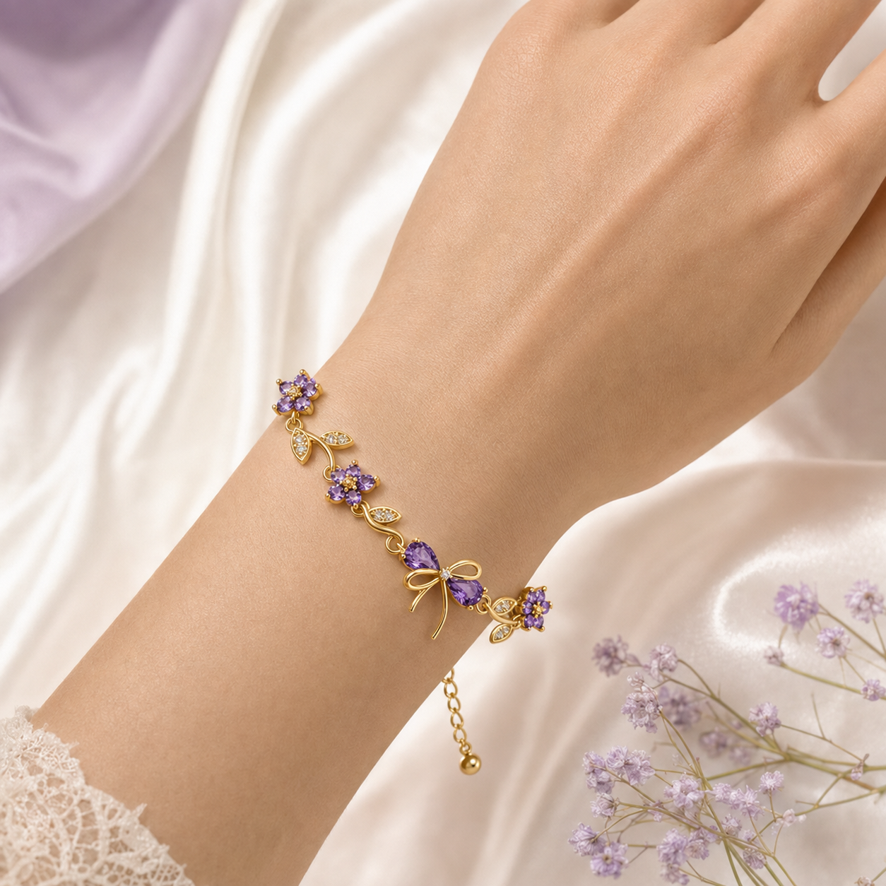 A gold-toned floral bracelet with purple gemstone accents worn on a woman's wrist, set against a soft white satin fabric background with delicate purple flowers.