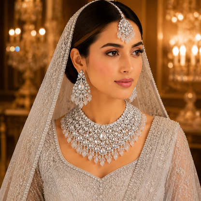 Luxury Zircon Bridal Choker Set with Earrings & Tikka | Gold & Silver Variants