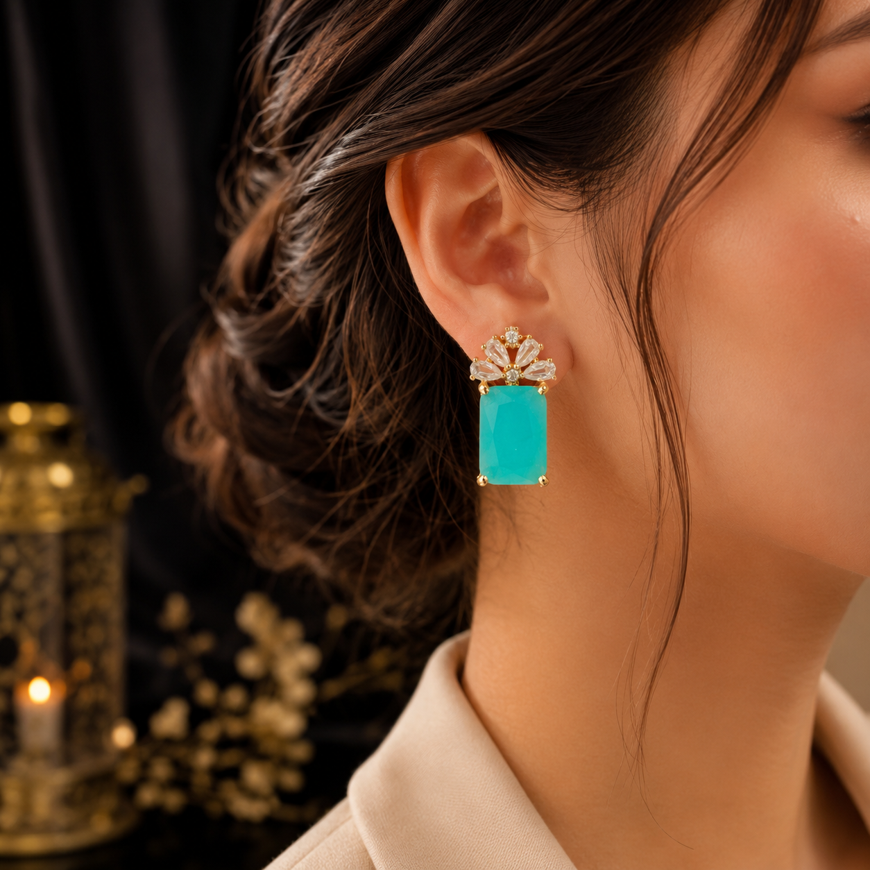Floral Crystal Rectangle Stone Stud Earrings for Women | Gold Plated