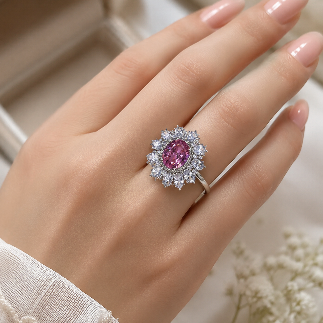 A silver ring with a central oval pink gemstone surrounded by a halo of small clear stones, worn on a hand with manicured nails.