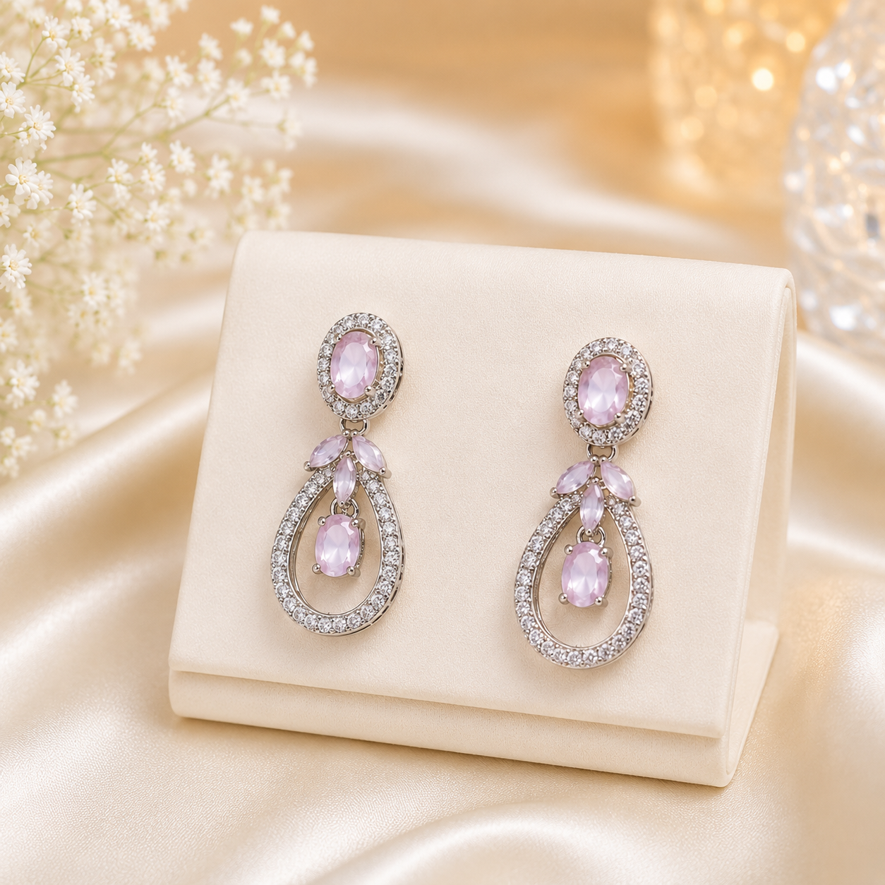 Silver Plated Floral Crystal Drop Earrings for Women