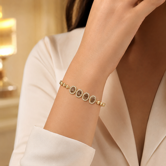 Gold-Plated Brown Stone Heart Chain Bracelet