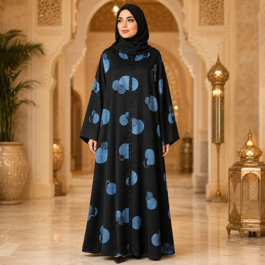 A woman wearing a black abaya with a blue circular pattern and a matching black hijab, standing in an ornate, warm-toned interior with arches and decorative lanterns.