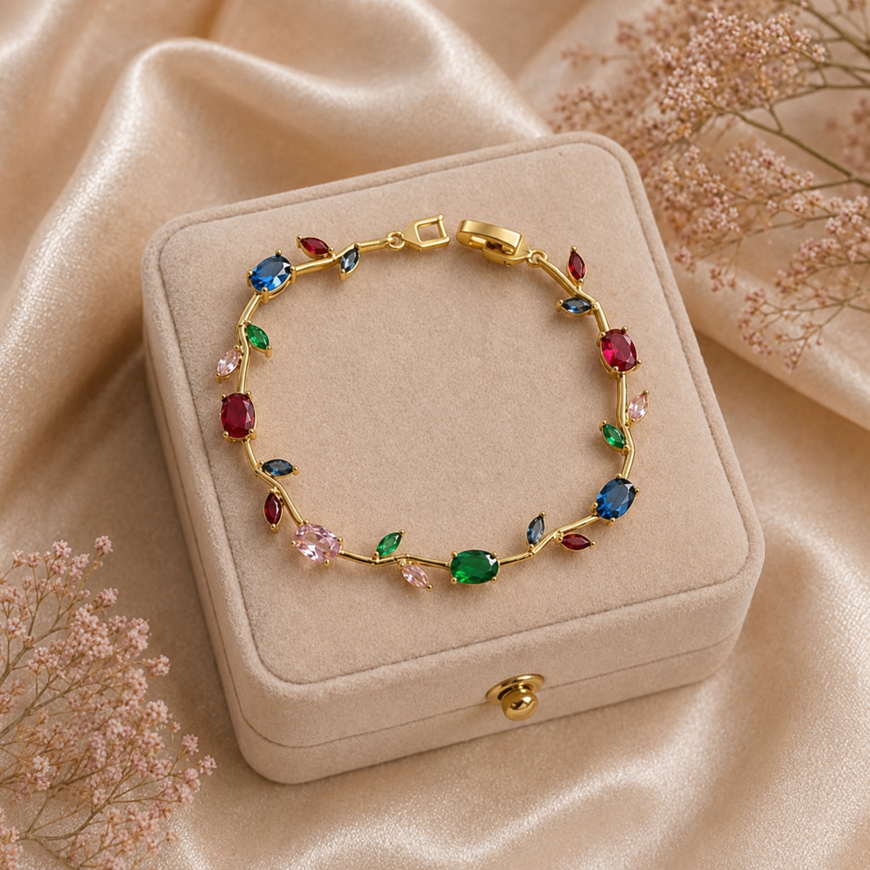 A gold bracelet with colorful gemstone accents, displayed on a beige velvet jewelry box over a champagne satin fabric background with dried flowers.