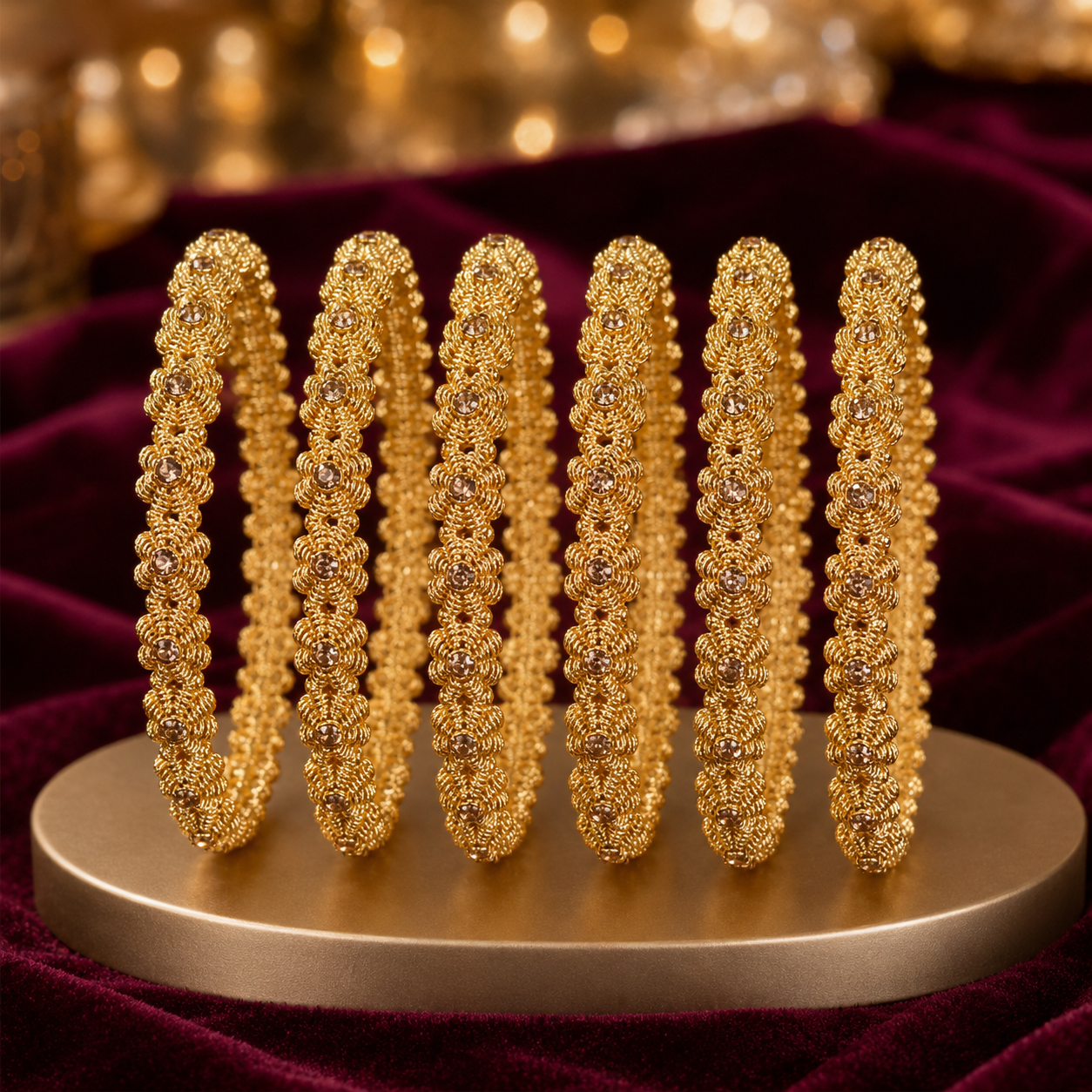Gold Plated Floral Stone Bangles – Luxury Set of 6