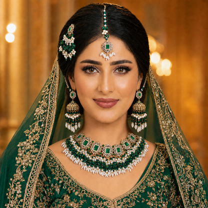 Handmade Emerald Green Bridal Kundan Jewellery Set with Jhumar, Tikka & Earrings