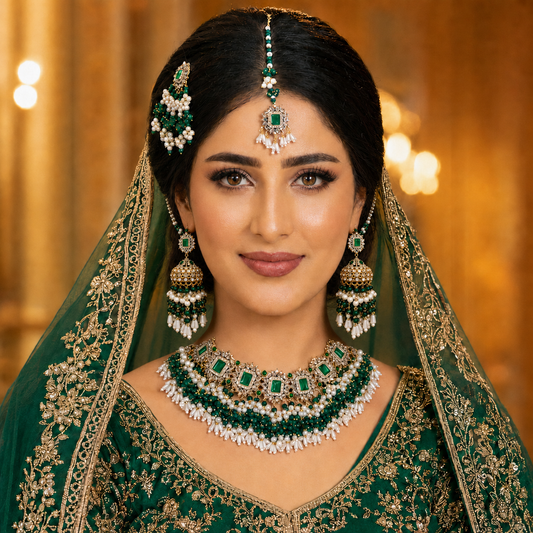 Handmade Emerald Green Bridal Kundan Jewellery Set with Jhumar, Tikka & Earrings