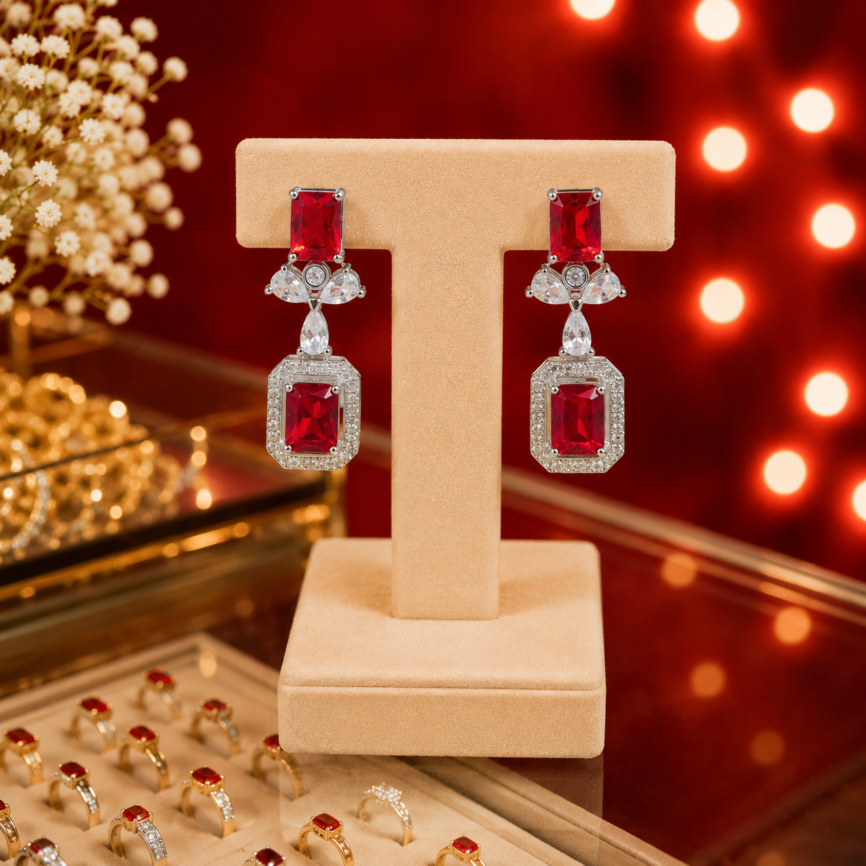 Gold Plated Floral Crystal Drop Earrings for Women
